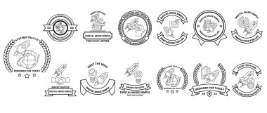 Siyah beyaz logo ve sembollerden oluşan bir koleksiyon. Logoların hepsi farklı şekil ve boyutlarda ve bazılarının üzerinde hayvanlar var. Sahne sanatsal ve yaratıcı.