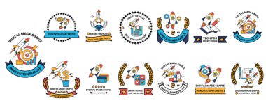 Roket temalı bir dizi rozet. Rozetler renkli ve neşeli bir görünüme sahip.