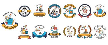 Çeşitli tasarım ve temalı rozet koleksiyonu. Temalar arasında spor, eğitim ve seyahat yer alıyor.