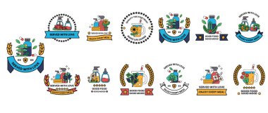 Bir bahçe şirketi için sembol ve logo koleksiyonu. Semboller arasında bir sulama kutusu, bir şişe, bir bitki ve bir ev var.