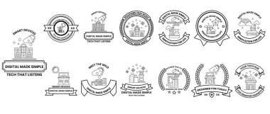 Çeşitli tasarım ve temaları olan bir dizi dijital rozet. Rozetlerin hepsi siyah ve beyaz ve farklı resim ve semboller içeriyor.