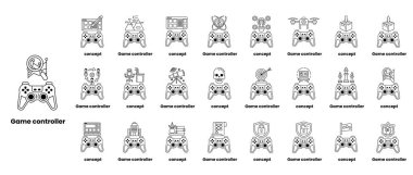 Siyah ve beyaz arkaplanı olan oyun kontrolörleri koleksiyonu. Denetleyiciler bir ızgara içinde düzenlenir ve ilgili isimlerle etiketlenirler