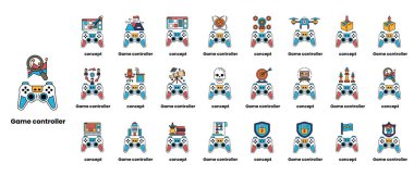 Robot, kumanda kolu ve üzerinde bayrak olan bir kumanda kolu gibi çeşitli tasarımları olan bir oyun kumandası. Resim, çeşitli tasarımları olan oyun denetçilerinin bir koleksiyonudur.