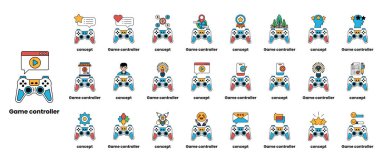 Oyun denetleyici simgelerinden oluşan bir koleksiyon. Simgeler renklidir ve Wii, Xbox ve Playstation gibi çeşitli oyun denetleyicilerini içerir.