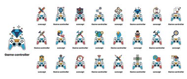 Çeşitli simgeleri ve sembolleri olan oyun kontrolörleri koleksiyonu. Resim 