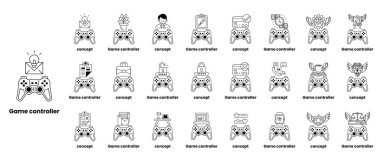 Tepede kelime kontrolörleri olan oyun kontrolörleri koleksiyonu. Kontrolörler çeşitli şekil ve boyutlarda.