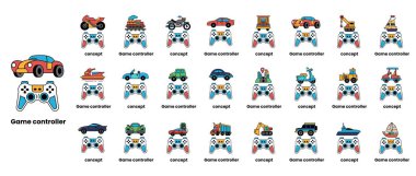 Üzerinde çeşitli araçlar olan bir oyun kumandası koleksiyonu. Kontrolörler farklı şekil ve boyutlarda ve hepsinin farklı renkleri var. Eğlence ve heyecan kavramı