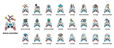 Çeşitli simgeleri ve tasarımları olan oyun kontrolörleri koleksiyonu. Görüntü, her birinin kendine has tasarımı ve ikonu olan farklı oyun denetçilerinin bir koleksiyonudur. Sahne eğlenceli ve eğlenceli.