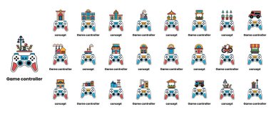 Çeşitli tasarımları olan bilgisayar oyunu kontrolörleri koleksiyonu. Denetleyiciler bir ızgara içinde düzenlenir ve ilgili isimlerle etiketlenirler