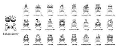 Siyah ve beyaz arkaplanı olan oyun kontrolörleri koleksiyonu. Denetleyiciler her denetleyicinin farklı bir adı olan bir ızgara içinde düzenlenir