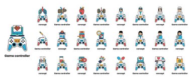 Çeşitli tasarım ve renklere sahip oyun kontrolörleri koleksiyonu. Bu resim oyun için uygun olan farklı kontrol tiplerini göstermek için kullanılır
