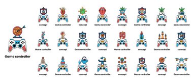 Resim, her birinin kendine has bir tasarımı olan çeşitli oyun denetleyicileri koleksiyonunu sergiliyor. Kumandalar ızgara benzeri bir şablona göre dizilmiş, bazıları birbirine daha yakın yerleştirilmiş.