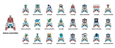Çeşitli tasarım ve renklere sahip oyun kontrolörleri koleksiyonu. Resim, her birinin kendine has bir tasarımı ve renk şeması olan farklı oyun denetçilerinin bir koleksiyonudur. Sahne eğlenceli ve eğlenceli.