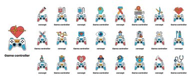 Çeşitli simgeleri ve sembolleri olan oyun kontrolörleri koleksiyonu. Resim 