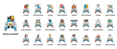Çeşitli tasarım ve renklere sahip oyun kontrolörleri koleksiyonu. Denetleyiciler bir ızgara içinde düzenlenir, her denetçinin farklı bir adı ve tanımı vardır