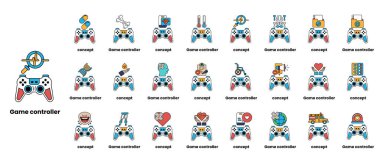 Çeşitli simgeleri ve metni olan oyun kontrolörleri koleksiyonu. Resim 