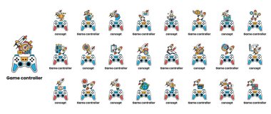 Farklı tasarım ve renklere sahip oyun kontrolörleri koleksiyonu. Görüntü 