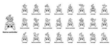 Altında farklı denetleyicilerin olduğu bir video oyunu denetleyicisinin siyah beyaz görüntüsü