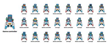 Çeşitli renk ve tasarımlara sahip oyun kontrolörleri koleksiyonu. Resim 