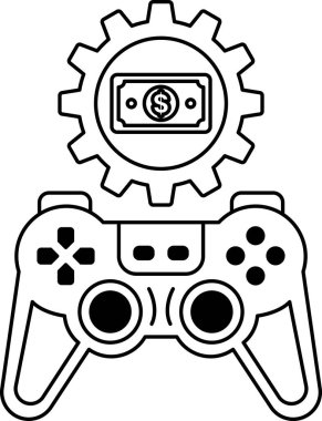 Üzerinde dolar işareti olan bir video oyunu kontrolörünün siyah beyaz görüntüsü. Denetleyici, oyunun mekaniğini temsil eden bir teçhizatla çevrilidir. Para içeren bir video oyunu kavramı