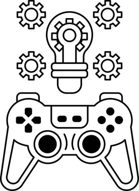 Üzerinde ampul olan bir video oyunu kontrolörünün siyah beyaz görüntüsü. Denetleyici çarklarla çevrili, bu da oyunun teknoloji ya da mühendislikle ilgili olduğunu gösteriyor.