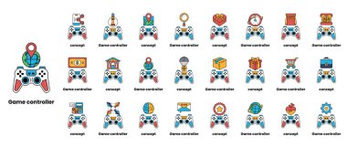 Çeşitli simgeleri ve sembolleri olan oyun kontrolörleri koleksiyonu. Resim, harita, anahtar, cüzdan ve el çantası gibi çeşitli simge ve sembollere sahip oyun denetçilerinin bir koleksiyonudur.