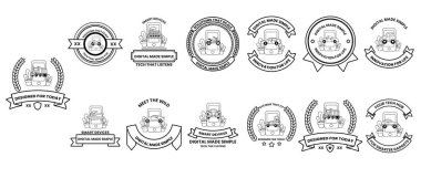 Arkasında kurdele olan siyah beyaz logo koleksiyonu. Logoların hepsi farklı ve çeşitli tasarımları var.