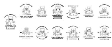 Akıllı cihazlar için bir dizi logo. Logoların hepsi farklı ama aynı temaya sahipler. Hepsinin modern, parlak bir görünüşü var.