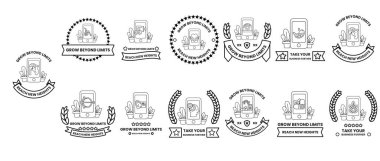 Ortasında kurdele olan siyah ve beyaz semboller seti. Kurdelenin üzerinde bir sürü sembol var.