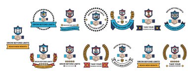 El sıkışma sembollü bir dizi rozet. Rozetler farklı renk ve boyutlarda. Rozetlerin arkasındaki fikir birlik ve işbirliğini temsil etmek.