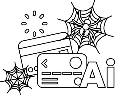 Siyah-beyaz çizgiler kredi kartı, yapay zeka arayüzü ve örümcek ağı gösteriyor. Örümcekler ağlarda asılı, dijital tehditleri sembolize ediyorlar. Sembol yükleme işlemi veya çevrimiçi aktivite öneriyor