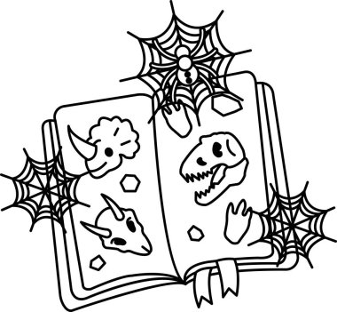 Açık kitap dinozor kafataslarını ve şakacı yaratıkları gözler önüne seriyor. Örümcek ağları sayfaları çerçeveleyip tuhaf gizemler ekliyor. Çocuklar bu yaratıcı sahneyi boyayabilir ya da öğrenebilir.