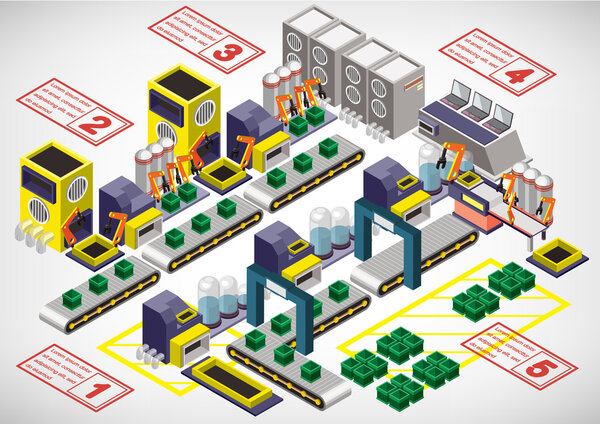 иллюстрация концепции информационно-графического оборудования завода в изометрической 3D графике
