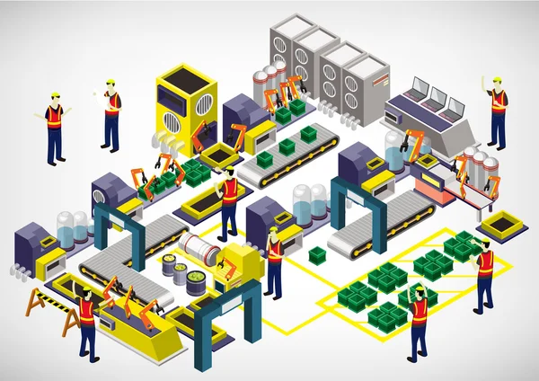 Illustrazione del concetto di attrezzatura grafica di fabbrica in grafica isometrica 3D — Vettoriale Stock