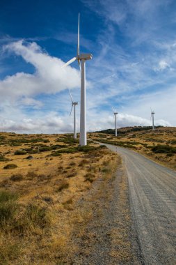 Uzun rüzgar türbinleri yuvarlanan tepelerle çevrili güzel bir manzarada dururlar. Yol, parlak mavi gökyüzünün ve kabarık beyaz bulutların altında gezinerek yenilenebilir enerji sergiliyor..