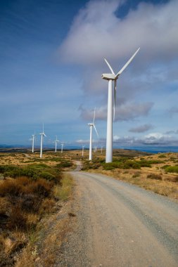 Uzun rüzgar türbinleri yuvarlanan tepelerle çevrili güzel bir manzarada dururlar. Yol, parlak mavi gökyüzünün ve kabarık beyaz bulutların altında gezinerek yenilenebilir enerji sergiliyor..