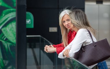 İki kadın cam korkuluklara yaslanırken canlı bir sohbete dalarlar. Ayar canlı yeşil bir dekor içeriyor, neşeli bir atmosfer yaratıyor..