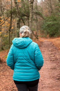 Bir insan uzun ağaçlarla çevrili dolambaçlı bir orman patikasında yürüyor. Sonbahar yaprakları toprağı kaplıyor, renkli bir halı oluşturuyor..