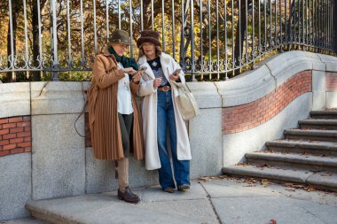 Parktaki güzel bir merdivenin tabanında duran iki şık kadın. Etrafı renkli yapraklarla çevriliyken telefonlarını kontrol ederler. Soğuk havanın ve güneşli günün tadını çıkarırlar..