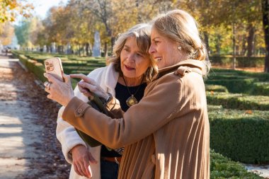 İki neşeli arkadaş canlı yeşil bir parkta birbirlerine yakın duruyorlar, bir an kahkahalar atarken telefonlarıyla büyüleniyorlar. Altın sonbahar yaprakları onları kuşatıp sıcak bir atmosfer yaratıyor..