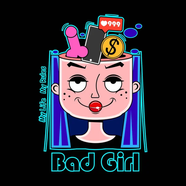 Young beautiful woman show middle finger fuck you off near his open mouth. Vector Stock Illustration