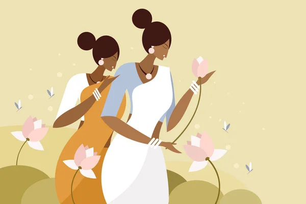 Ilustración Mujeres Indias Con Vestido Tradicional Arrancando Flores Loto Estanque — Vector de stock