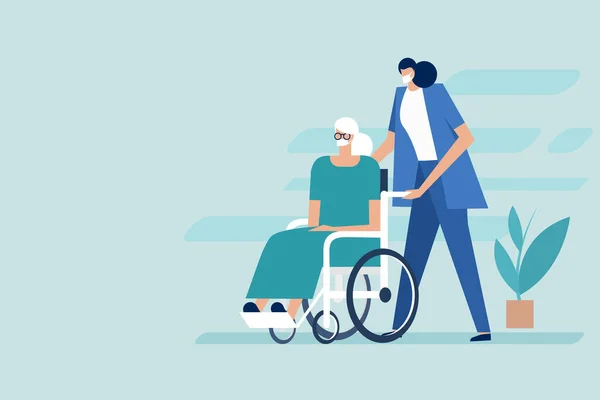 Απεικόνιση Ηλικιωμένης Γυναίκας Ασθενή Αναπηρική Καρέκλα Νοσοκόμα — Διανυσματικό Αρχείο