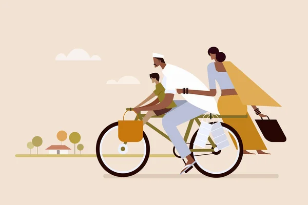 Ilustração Fazendeiro Indiano Sua Família Viajando Bicicleta — Vetor de Stock