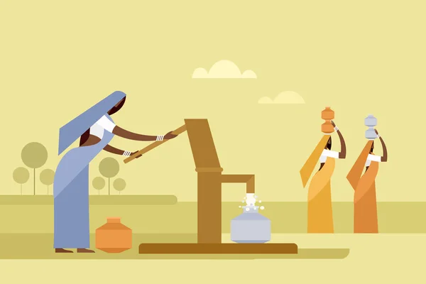 Mujeres Rurales Indias Recogiendo Agua Pozo Tubo Usando Bomba Mano — Vector de stock