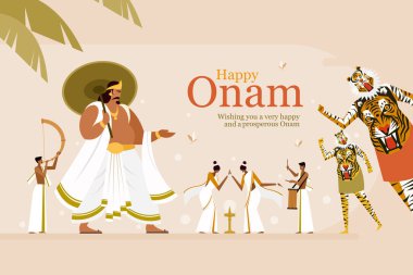 Onam festivali, Kral Mahabali ve geleneksel sanat formlarıyla arka planı selamlıyor. Onam, Hindistan 'ın Kerala kentinde bir hasat festivali.