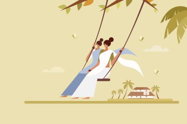 Geleneksel elbiseler giyen kadınlar dışarıda sallanıyor. Kerala, Hindistan Onam Festivali Konsepti