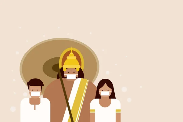 Rey Mahabali Los Niños Con Máscaras Protectoras Durante Festival Onam — Vector de stock