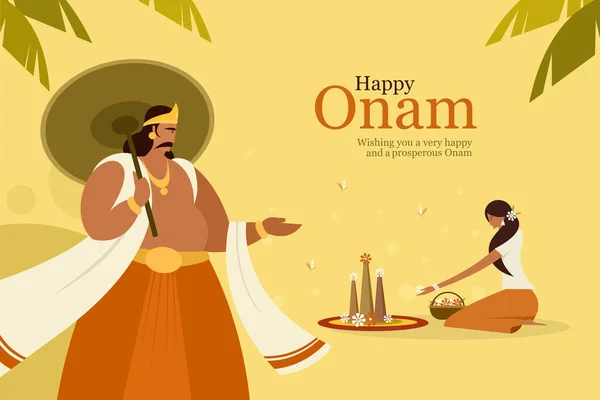 Onam Festival Saluto Sfondo Con Mahabali Una Ragazza Che Disegni — Vettoriale Stock