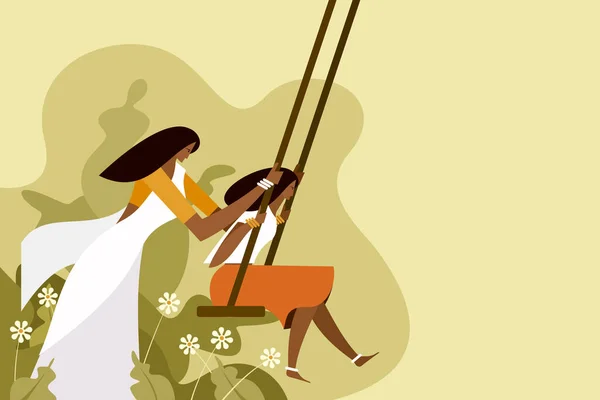 Vrouwen Traditionele Jurk Swingend Buitenlucht Concept Voor Onam Festival — Stockvector